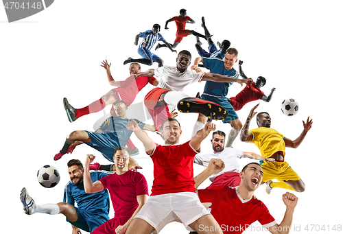 Image of Professional men - football soccer players with ball isolated wh