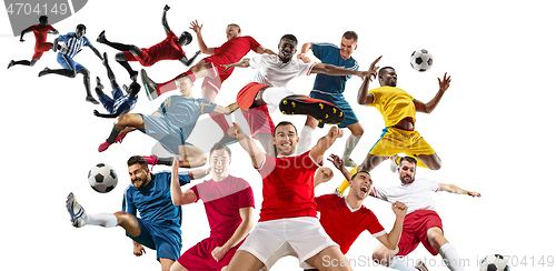 Image of Professional men - football soccer players with ball isolated wh