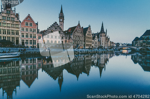 Image of Leie river bank in Ghent, Belgium, Europe at dusk.