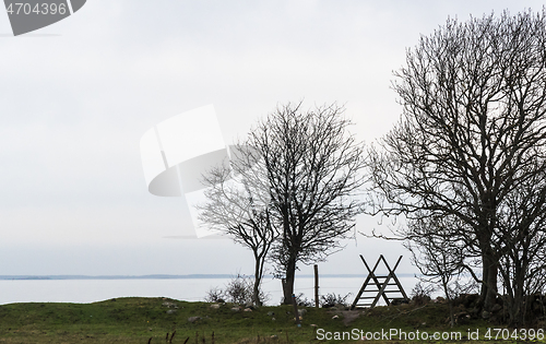 Image of Wooden stile and tree silhouettes