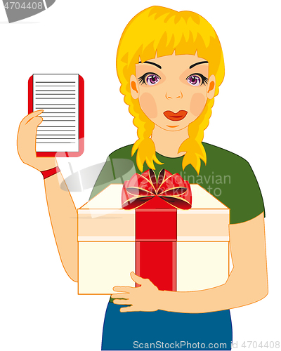 Image of Woman courier with gift on white background is insulated