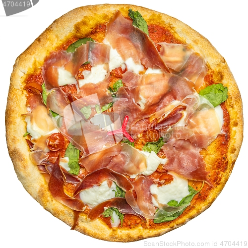 Image of Delicious pizza surface with chease and meat isolated on white