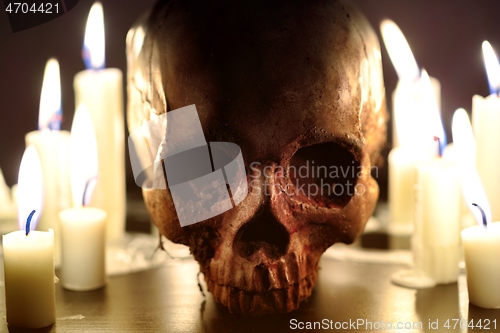 Image of Human skull against dark background in candle light closeup