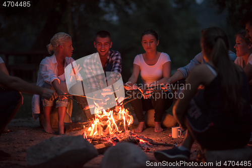 Image of young friends relaxing around campfire