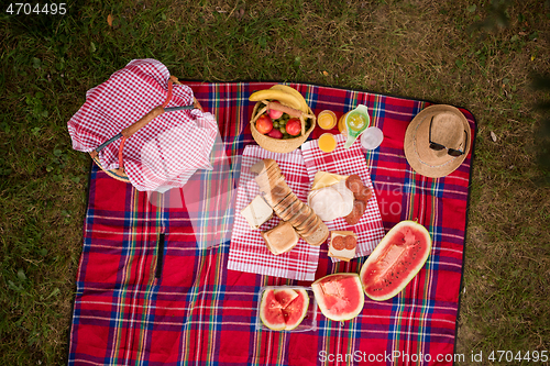 Image of top view of picnic blanket setting on the grass