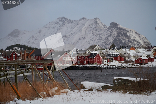 Image of Traditional Norwegian fisherman\'s cabins and boats