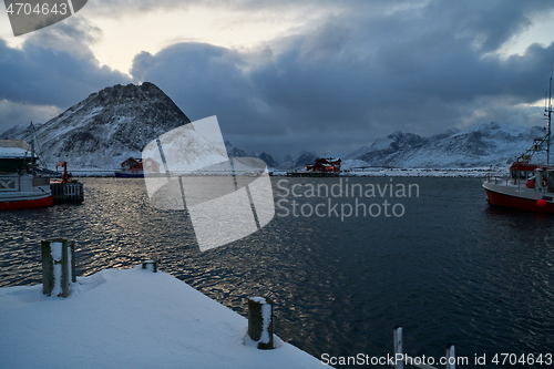 Image of Traditional Norwegian fisherman\'s cabins and boats