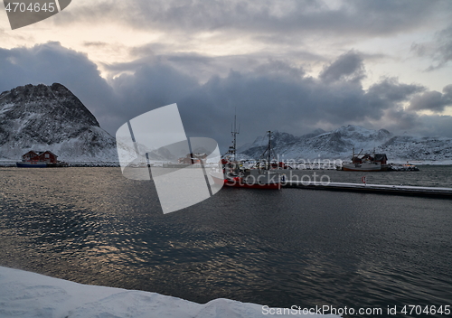 Image of Traditional Norwegian fisherman\'s cabins and boats