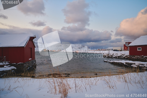 Image of Traditional Norwegian fisherman\'s cabins and boats