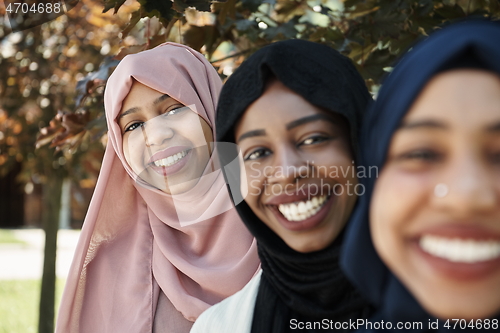 Image of businesswoman group portrait wearing traditional islamic clothes