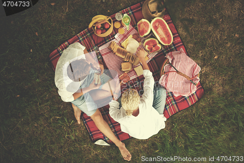 Image of top view of couple enjoying picnic time