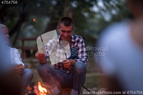 Image of young friends relaxing around campfire