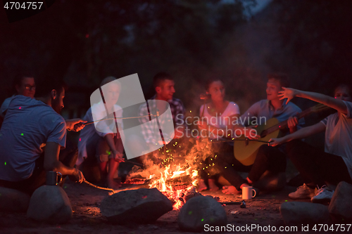 Image of young friends relaxing around campfire