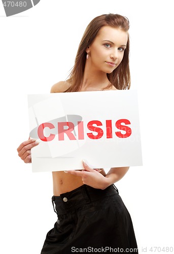 Image of lovely girl holding crisis word board
