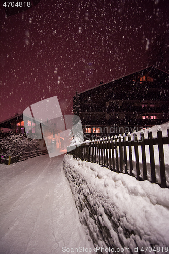 Image of snowy streets of the Alpine mountain village