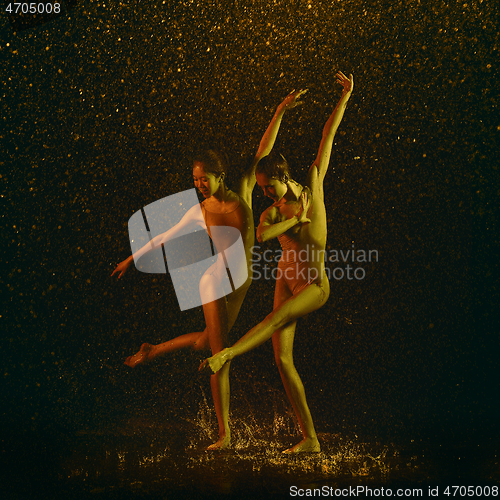 Image of Two young female ballet dancers under water drops