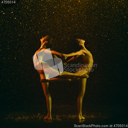 Image of Two young female ballet dancers under water drops