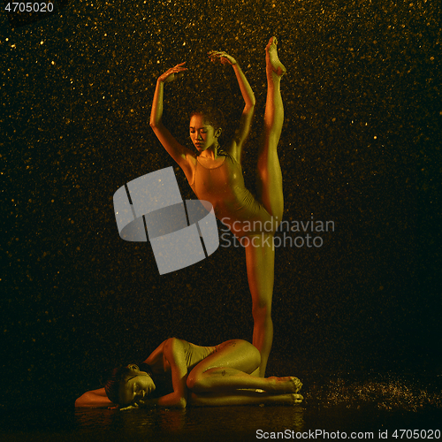 Image of Two young female ballet dancers under water drops