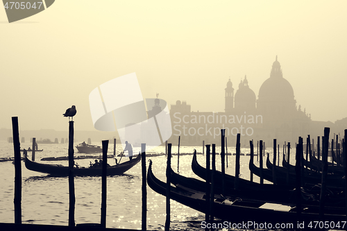 Image of Romantic Italian city of Venice, a World Heritage Site: traditional Venetian wooden boats, gondolier and Roman Catholic church Basilica di Santa Maria della Salute in the misty background