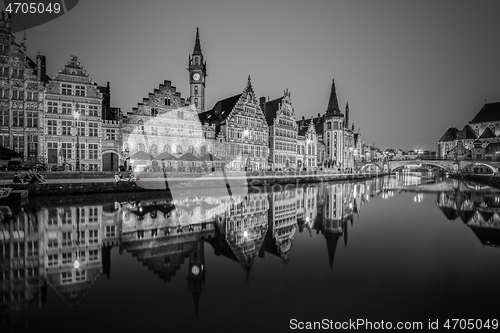 Image of Leie river bank in Ghent, Belgium, Europe at dusk in black and white.