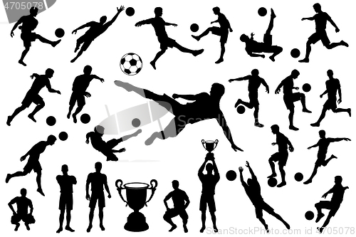 Image of Silhouettes soccer player with ball and trophy cup