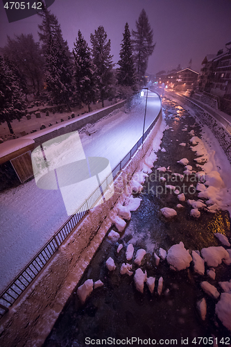 Image of snowy streets of the Alpine mountain village