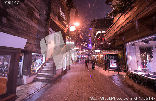 Image of snowy streets of the Alpine mountain village