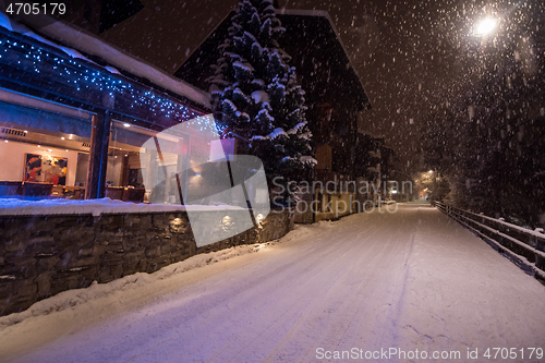 Image of snowy streets of the Alpine mountain village