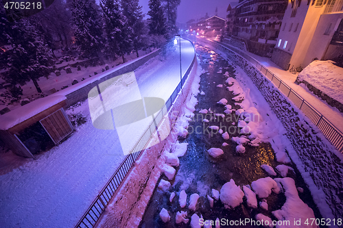 Image of snowy streets of the Alpine mountain village