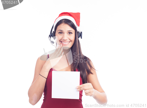 Image of Christmas phone operator woman showing blank signboard