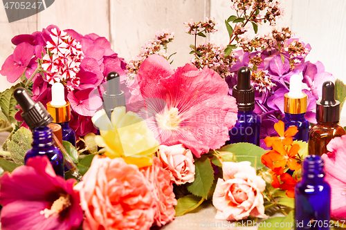 Image of flowers and bottles of essential oils for aromatherapy