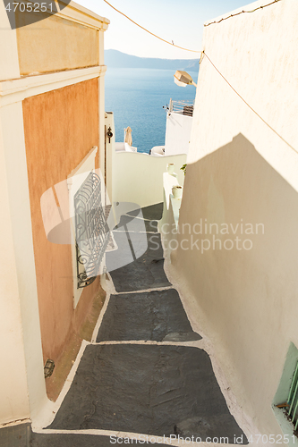 Image of typical little street in santorini in greece in cyclades