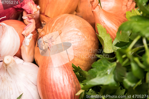 Image of garlic onion shallot parsley on a wooden board