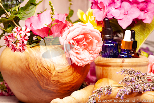 Image of flowers and bottles of essential oils for aromatherapy