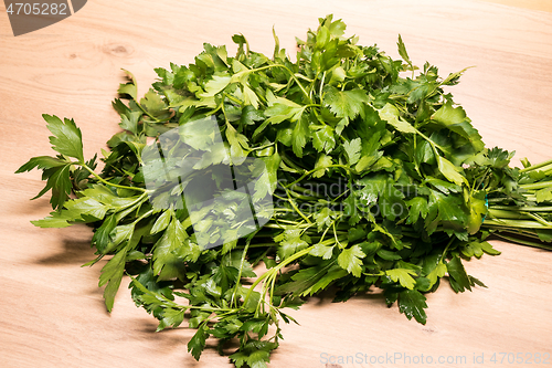 Image of bunch of fresh parsley on a wooden board