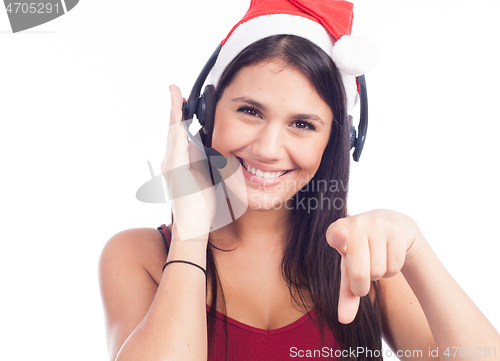 Image of Christmas headset woman from telemarketing call center wearing r