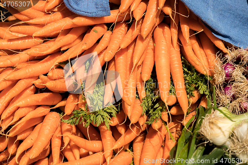 Image of bunches of fresh carrots on a market stall