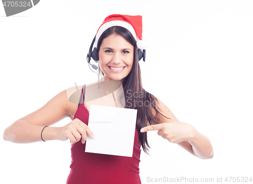 Image of Christmas phone operator woman showing blank signboard