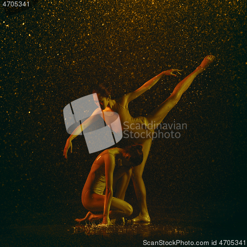 Image of Two young female ballet dancers under water drops