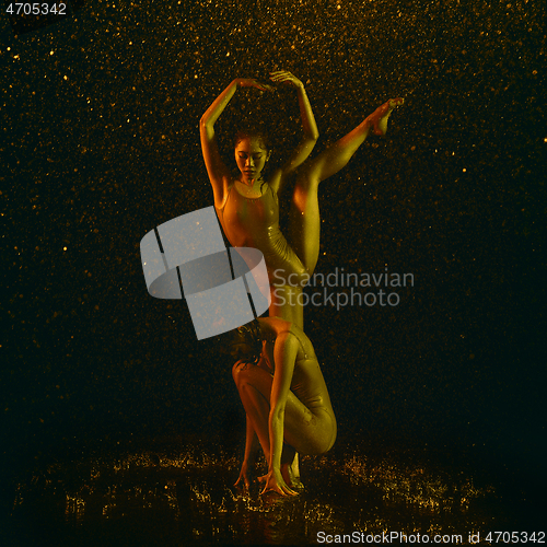 Image of Two young female ballet dancers under water drops