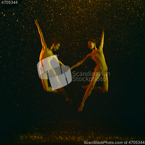 Image of Two young female ballet dancers under water drops