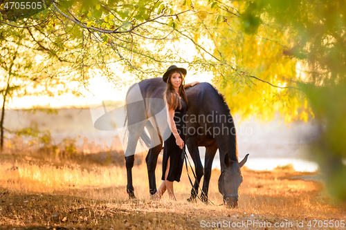 Image of Girl walks in the forest with a horse at sunset