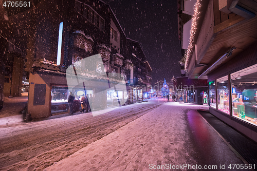 Image of snowy streets of the Alpine mountain village