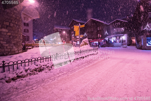 Image of snowy streets of the Alpine mountain village