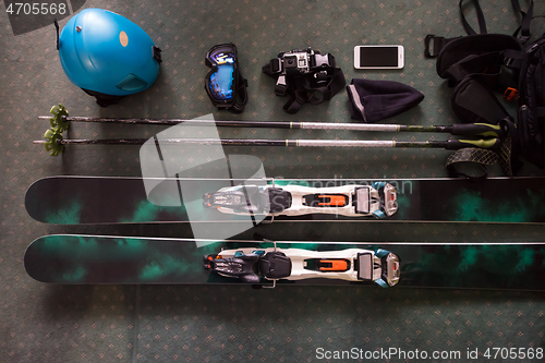 Image of top view of ski accessories