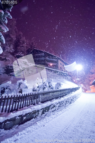 Image of snowy streets of the Alpine mountain village