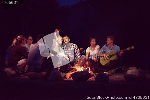Image of young friends relaxing around campfire