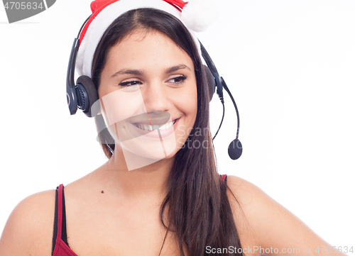 Image of Christmas headset woman from telemarketing call center wearing r