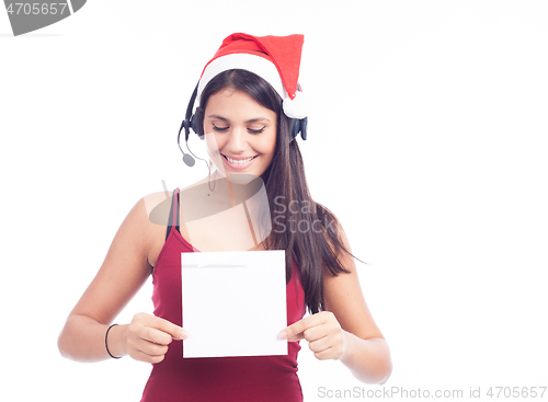 Image of Christmas phone operator woman showing blank signboard