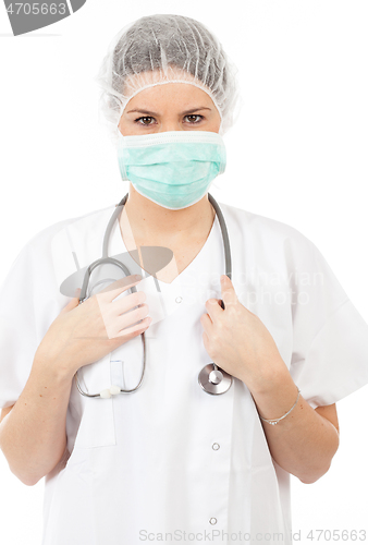 Image of young woman doctor with stethoscope and mask